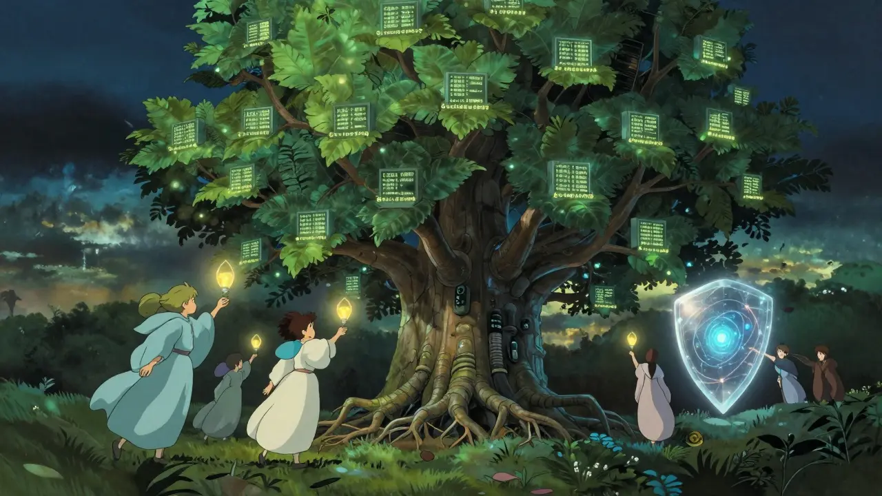 A magical tree with digital leaves and validator spirits maintaining consensus under a protective glow.