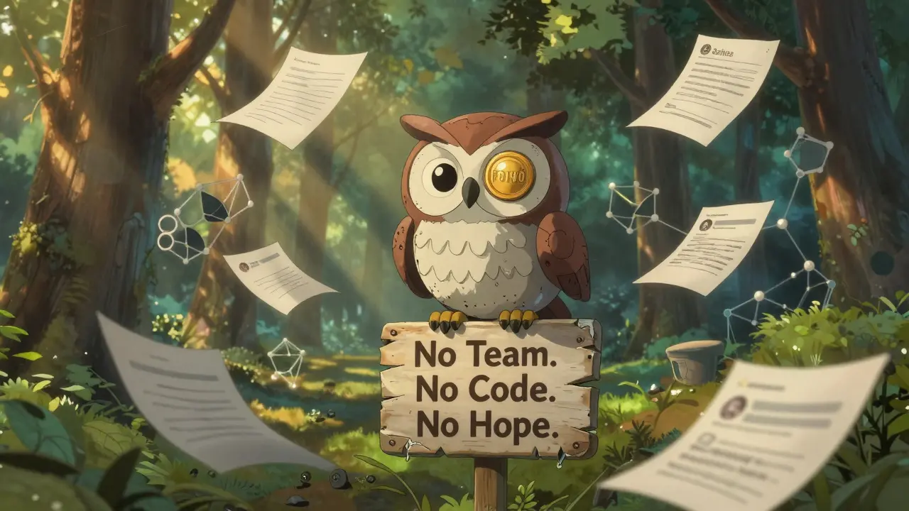 A mechanical owl with a FOMO token eye perched on a broken sign in a silent blockchain forest.