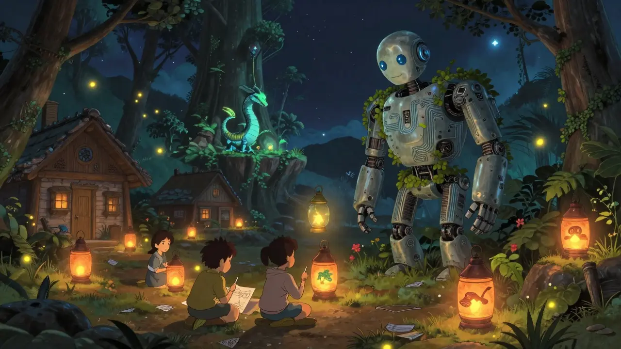 A mountain village with artists sharing GPU lanterns that render 3D worlds, children drawing dragons, and a quiet circuitry robot.