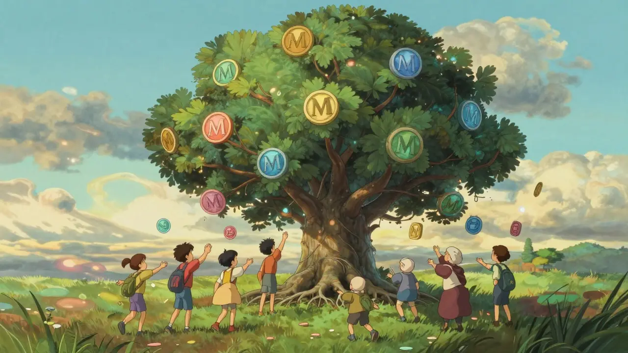 A mystical tree with NFT leaves and smart contract roots, connecting people trading digital assets under a glowing sky.