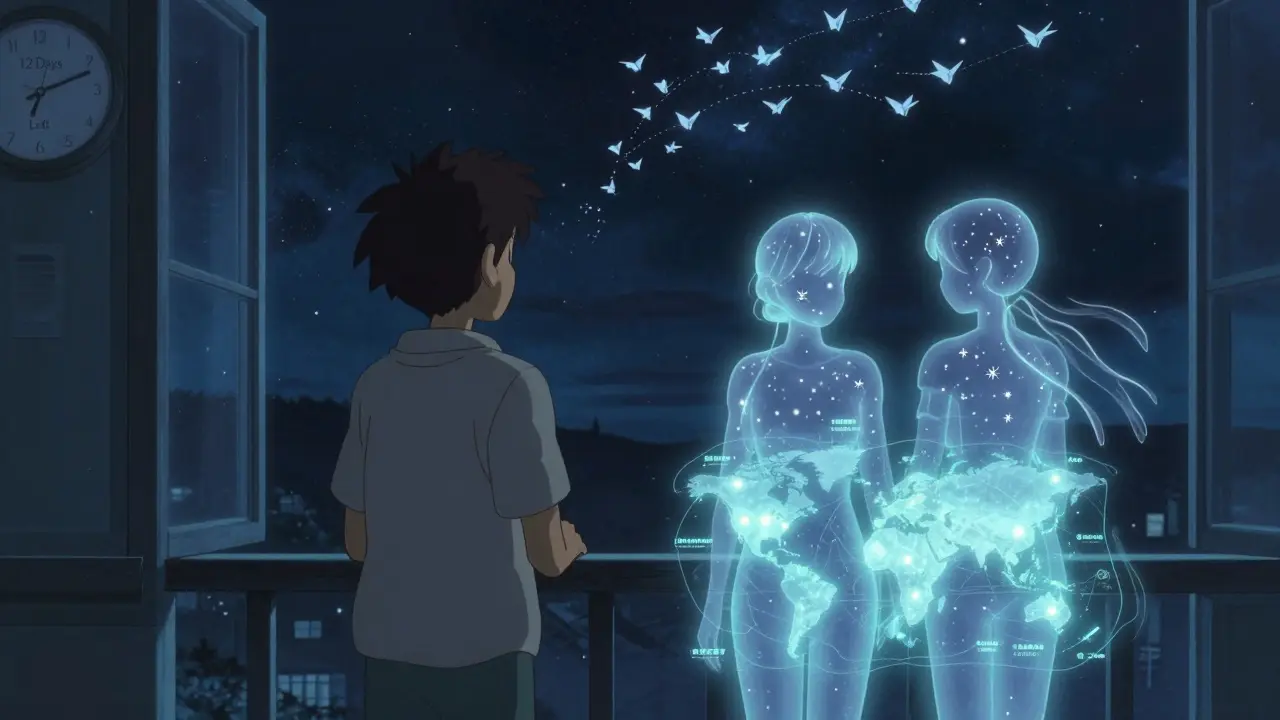 A person and their glowing digital twin standing under a starry sky, with a countdown clock visible.