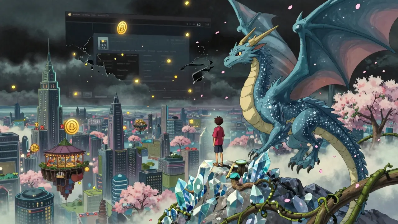 A player and their evolved dragon stand on a mountain overlooking a digital metropolis as real tokens rain down.