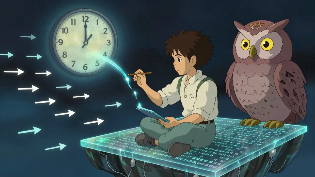 A trader placing a limit order with light, surrounded by speeding trade arrows and a DEEP token owl, in Studio Ghibli style.