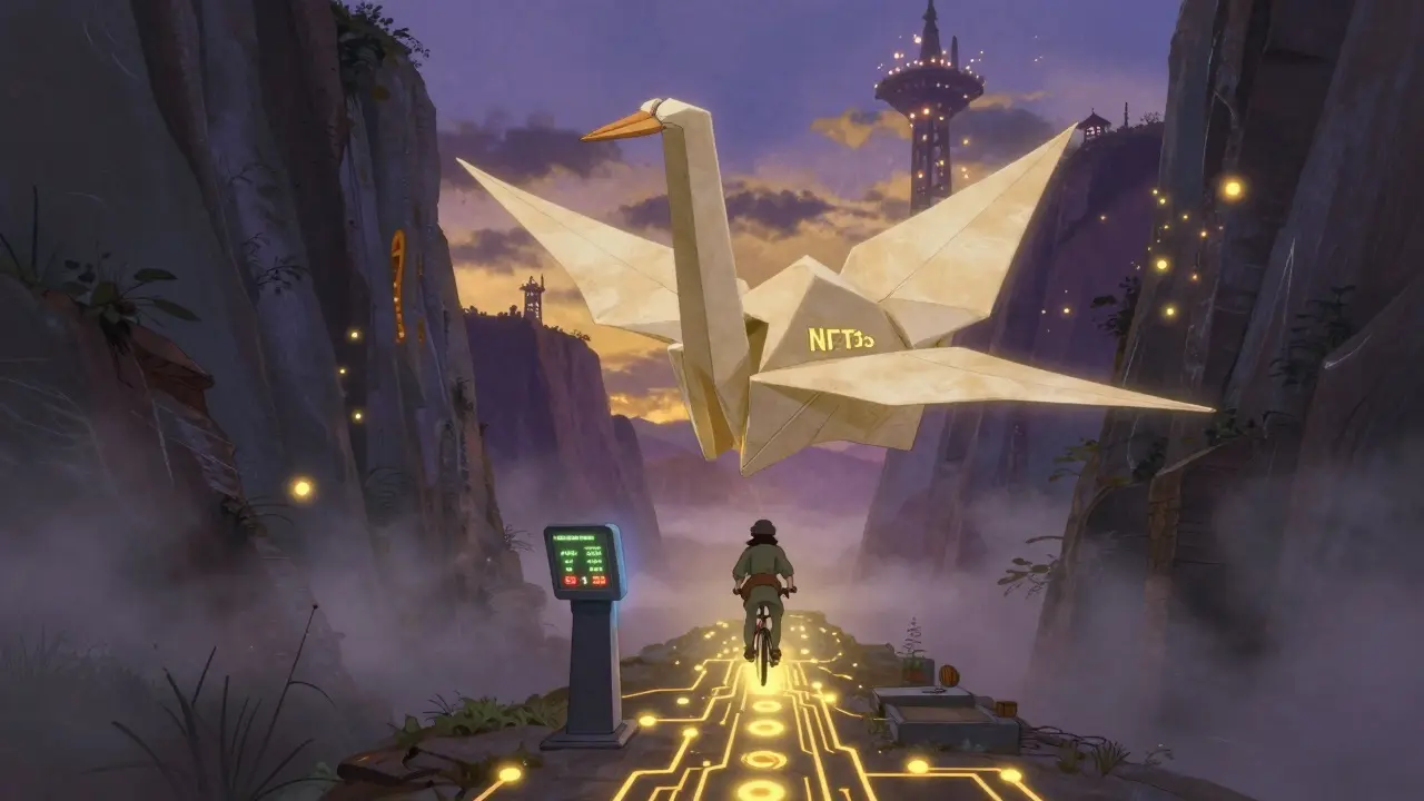 A traveler on a flying bicycle pauses at a glowing Uniswap V3 terminal amid misty blockchain canyons.