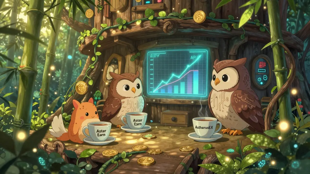 A treehouse DeFi hub with stablecoin creatures and an owl watching a rising APY hologram in soft sunlight.