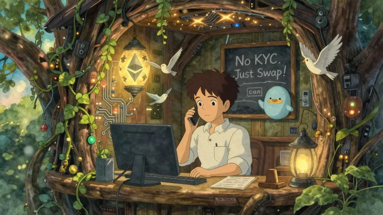 A treehouse support center with glowing circuits and vines, staff helping a user-avatar as token birds fly between chains.