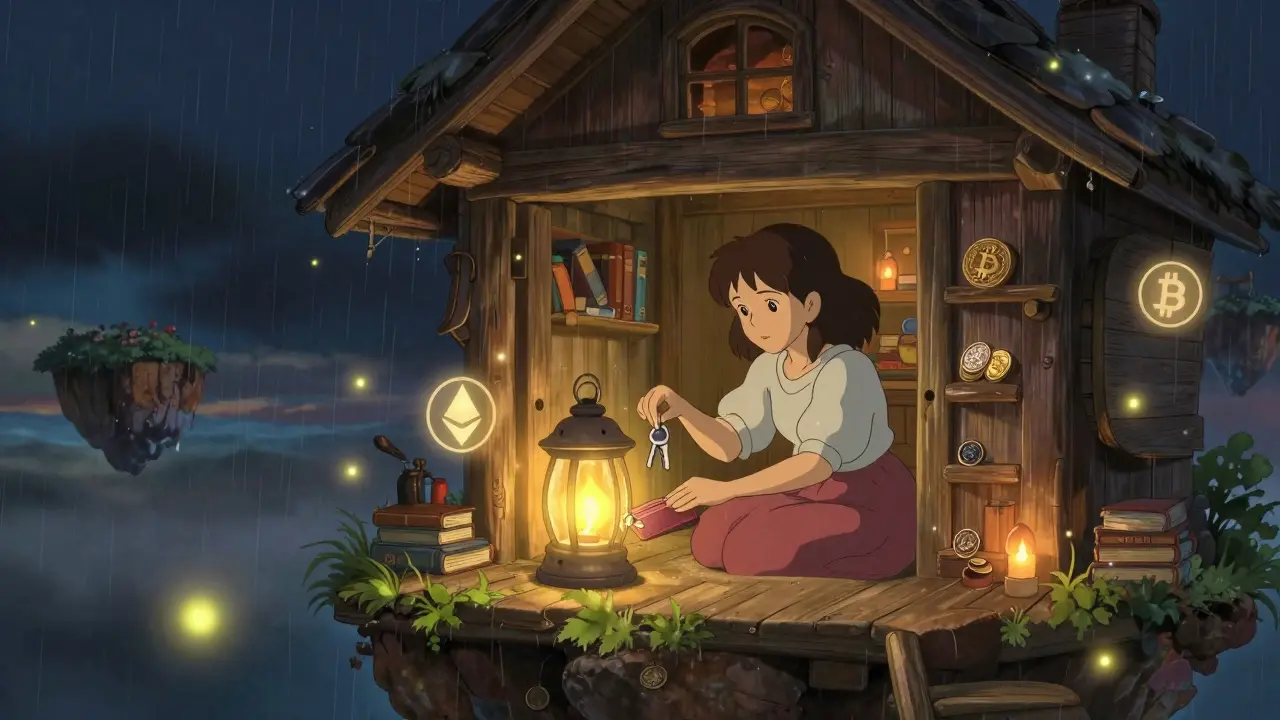 A woman places crypto keys into a lantern-shaped hardware wallet, surrounded by floating, glowing coin icons in a sky cabin.