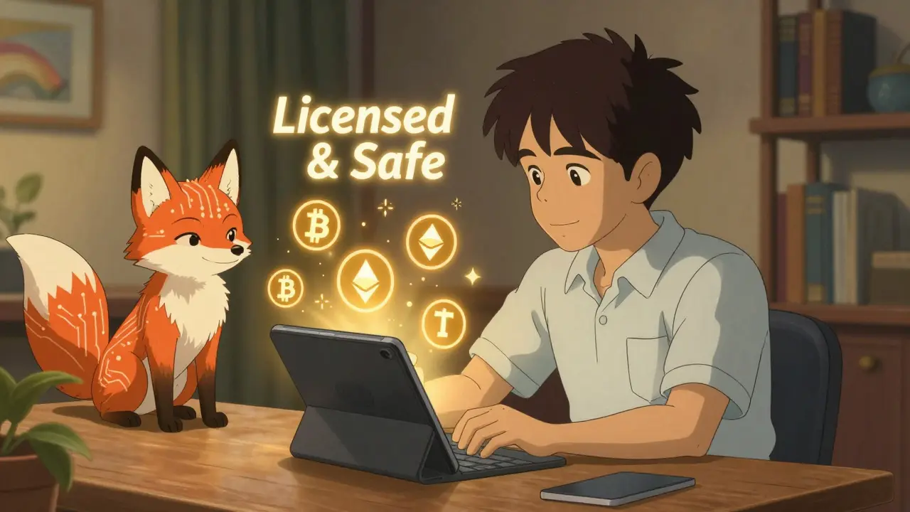 A young Filipino investor reviewing a secure SEC crypto registry, with animated crypto icons and a protective fox spirit nearby.