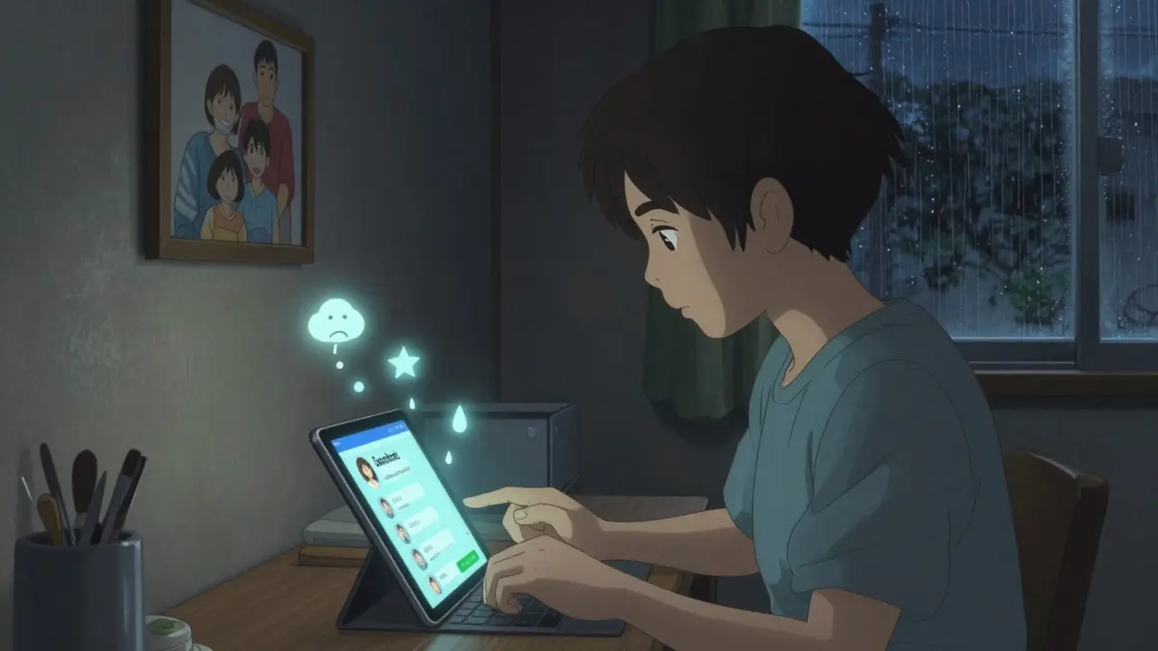 A young person in a quiet room watched over by ethereal data spirits rising from their typing.