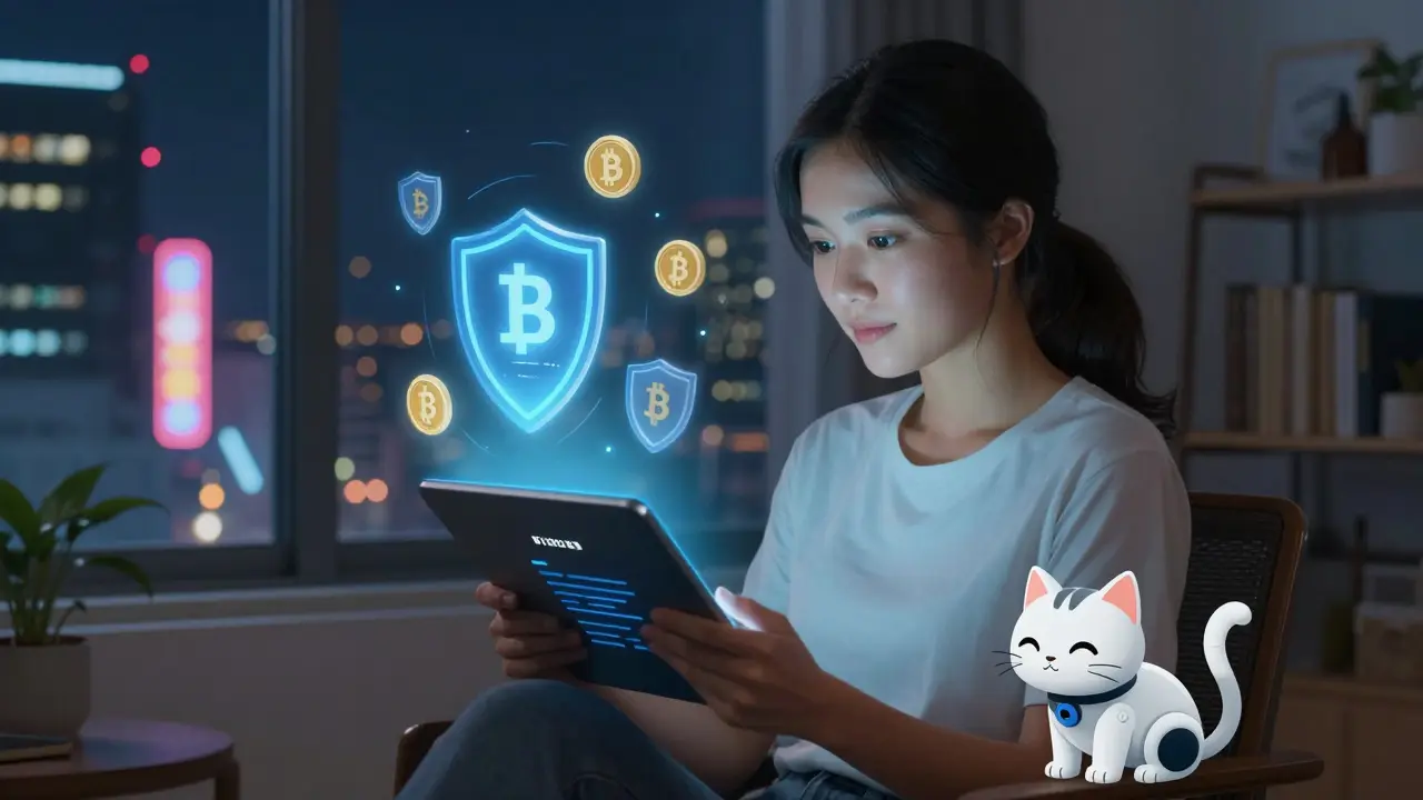 A young woman in Bangkok completes KYC with glowing digital shields and a robotic cat beside her.