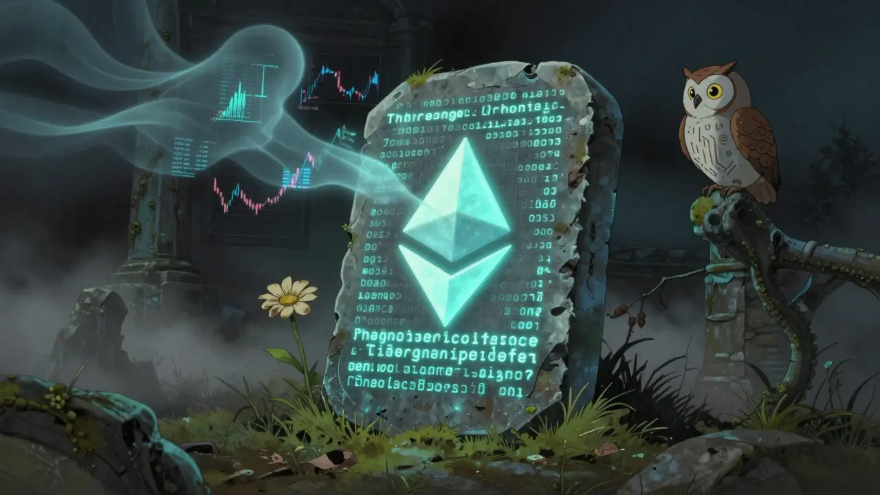 An ancient stone tablet with crypto code stands in ruins, a single flower blooming beside it as ghostly charts fade away.