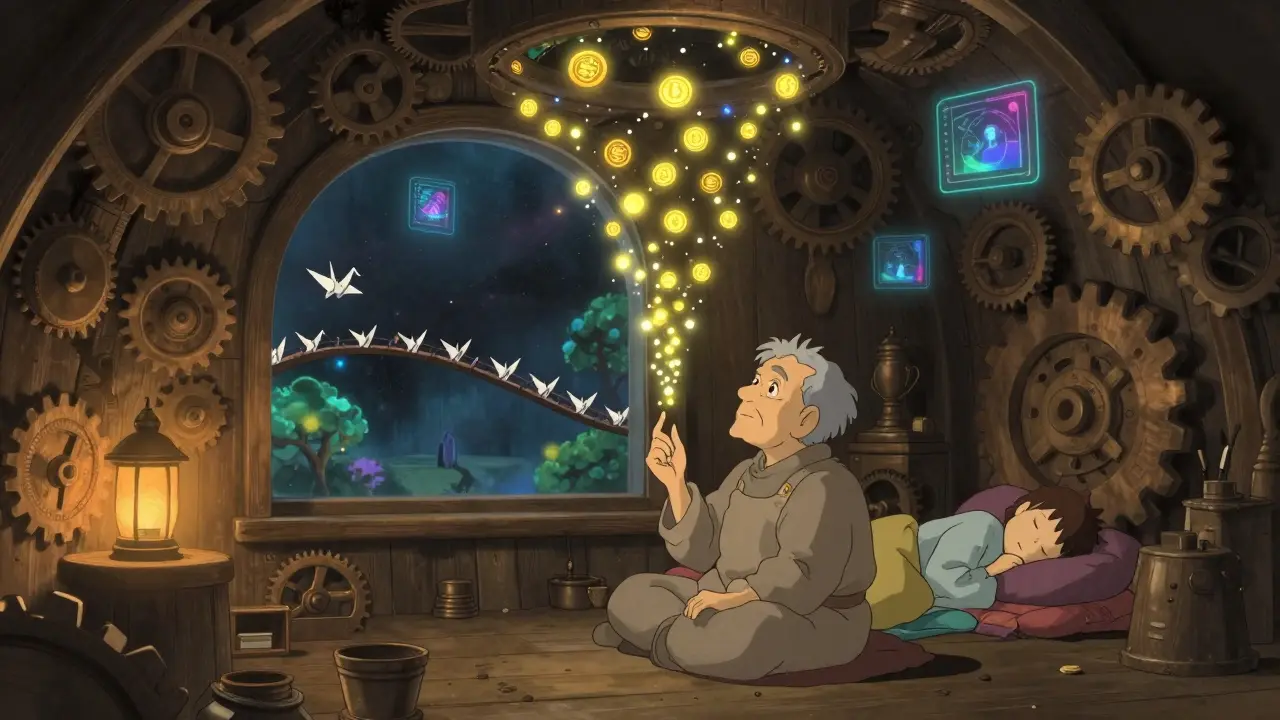 An elderly engineer observes firefly-like mozStable tokens rising from a wooden vault filled with holograms.