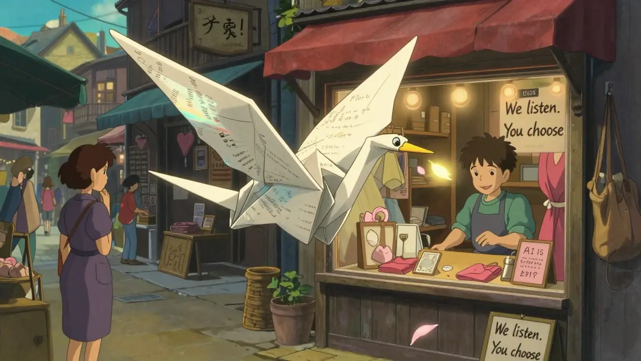An origami crane AI delivers a glowing petal offer to a small shop in a bustling market.