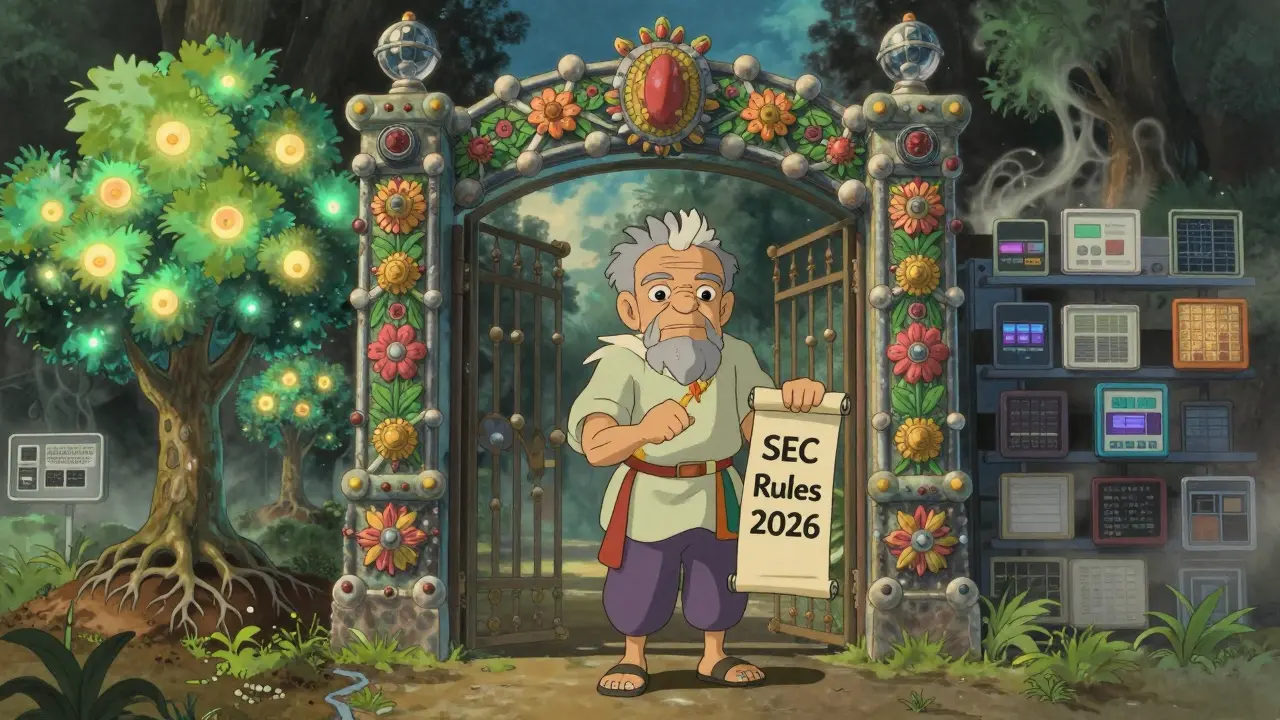 An ornate gate of blockchain and flowers guarded by a wise figure, with compliant exchanges blooming behind it and unlicensed ones fading away.