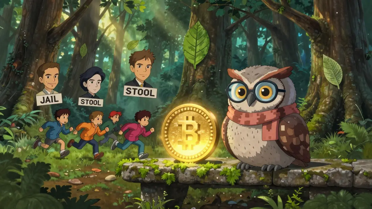 An owl with pixelated feathers sits beside a JAILSTOOL token as children chase political meme caricatures in a dreamy forest.