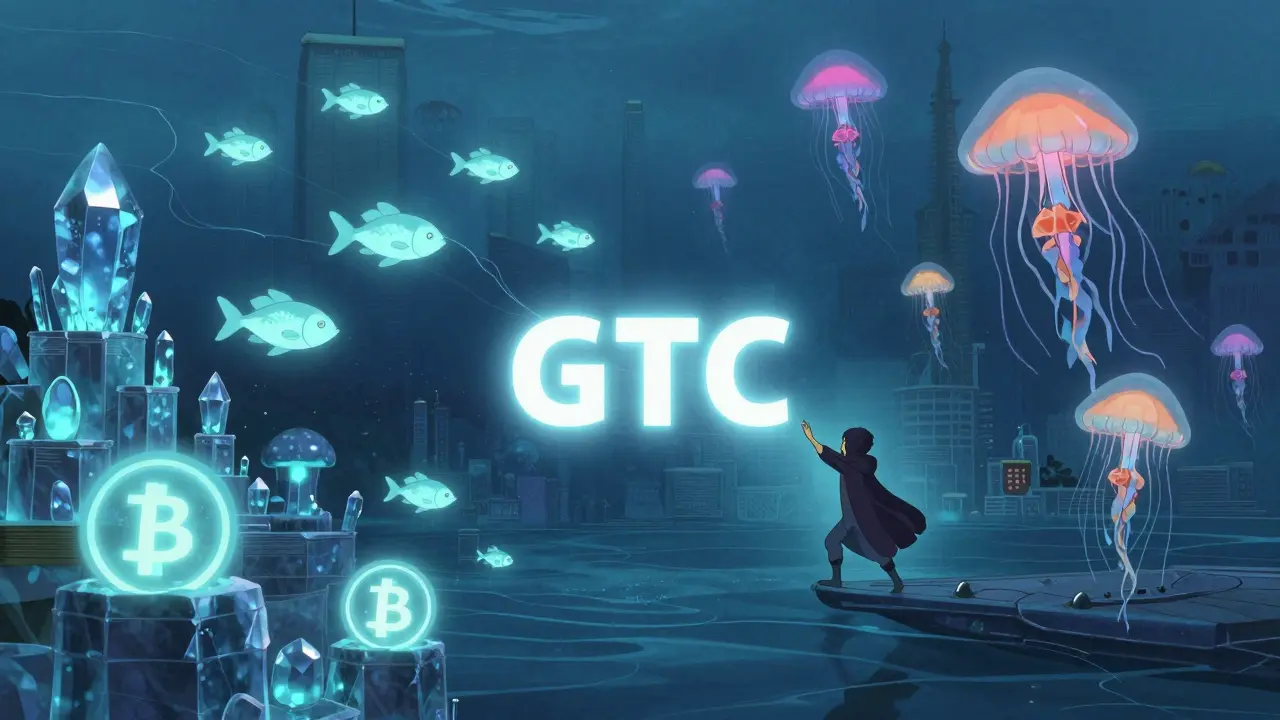 An underwater city of crystalline order books with bridged assets as fish and Sui tokens as jellyfish, in Studio Ghibli style.