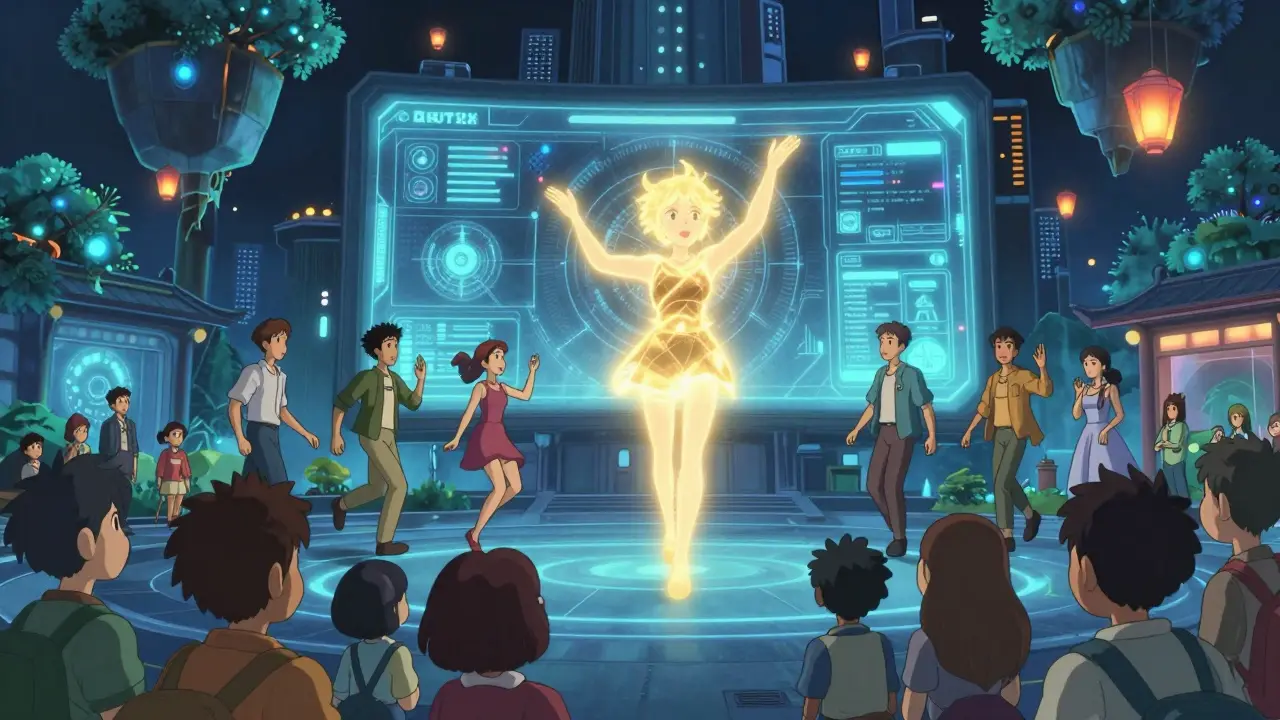 Diverse digital avatars interacting in a magical floating virtual lobby filled with glowing lanterns.