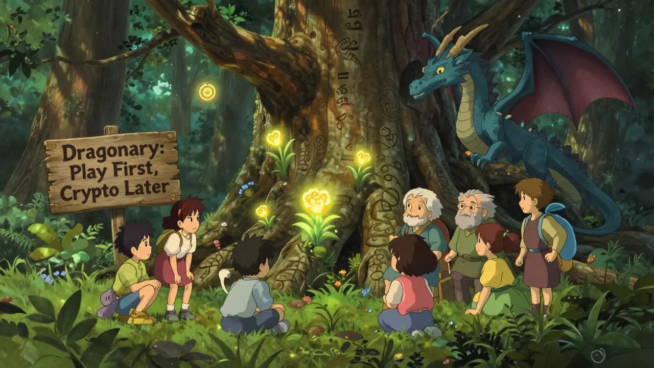 Players gathered around a magical tree where CYT tokens bloom like flowers in a sunlit forest.