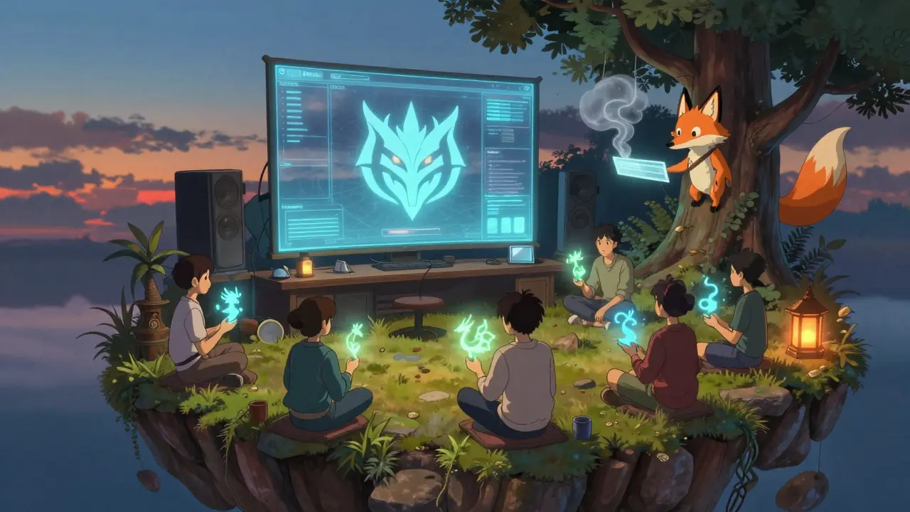 Players sit on a floating island lounge with glowing dragon NFTs, while a fox spirit dissolves a fake website.