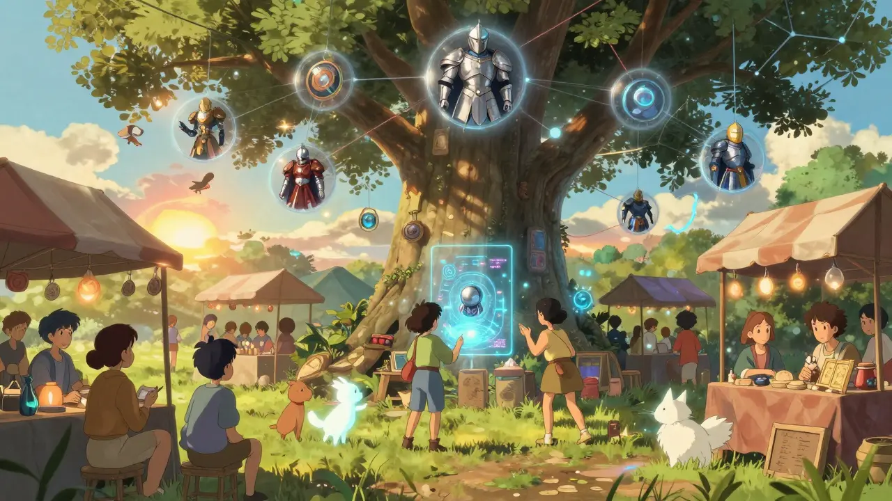 Players trade enchanted items in a glowing marketplace beneath a blockchain tree at sunset.