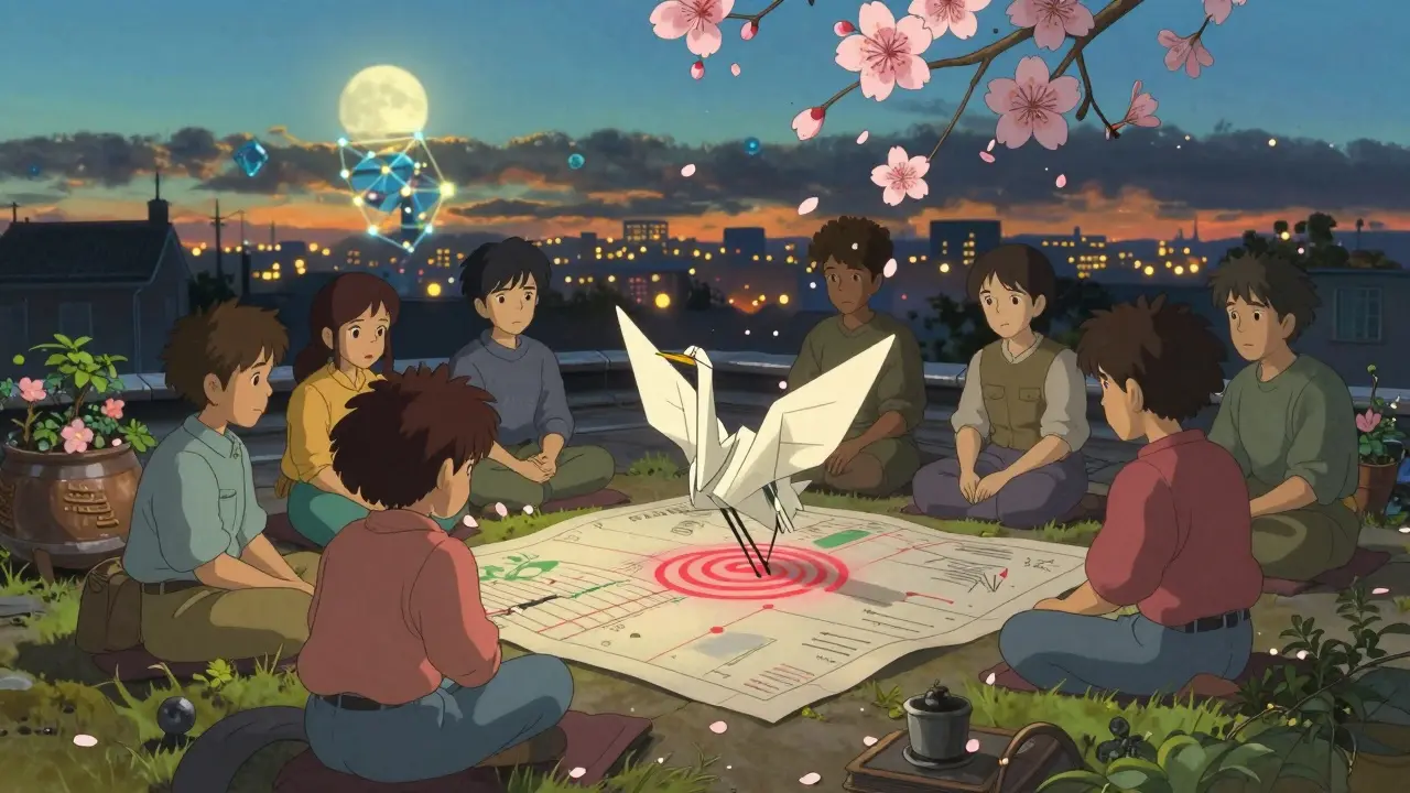 Traders sit around a living origami chart as cherry blossoms turn to ash, symbolizing impermanent loss.