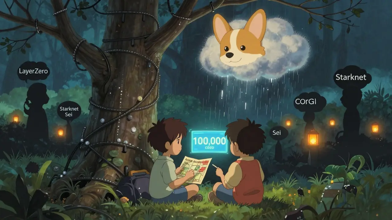 Two children under a blockchain tree, one holding a map of active crypto projects, while a fading corgi cloud dissolves into rain.
