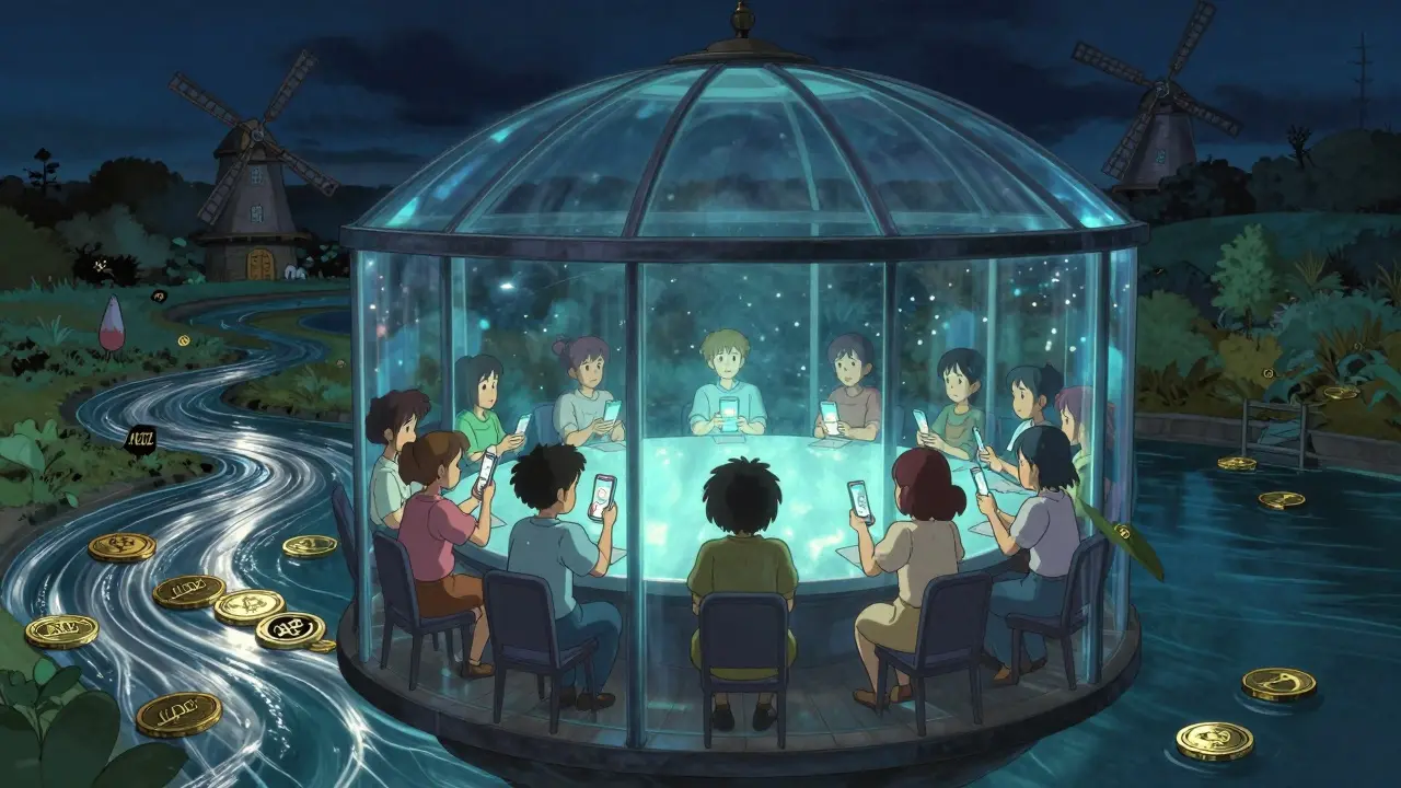 88 holders gathered in a glowing pavilion in The Sandbox, voting under soft light as stablecoins flow beneath them at night.