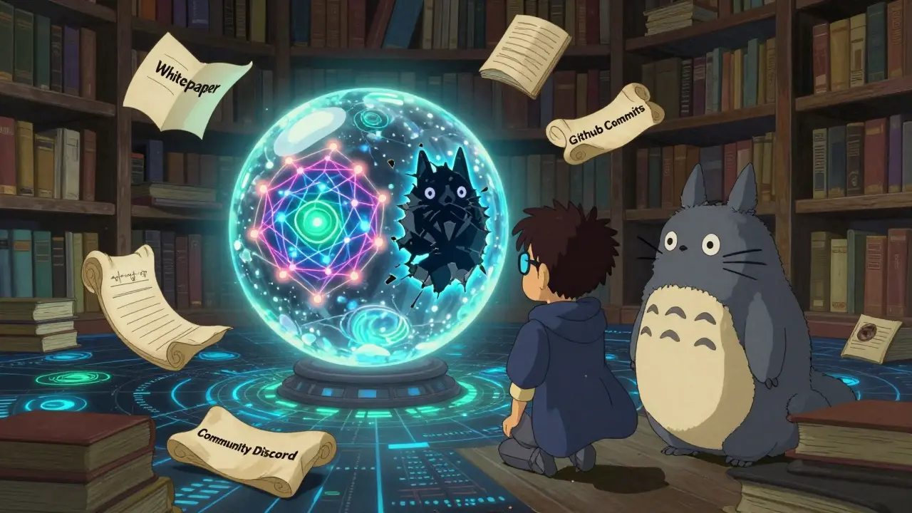 A boy studies a glowing orb comparing two blockchains in a floating library filled with scrolls.