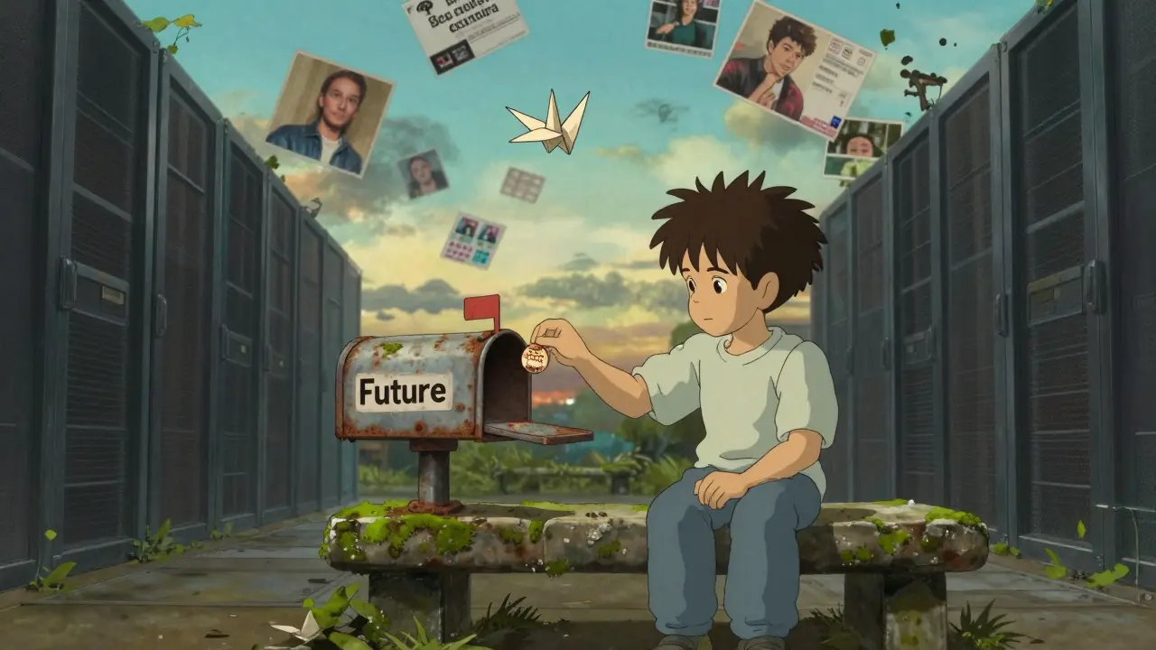 A child places a crypto token into a rusted mailbox as fading memes drift away.