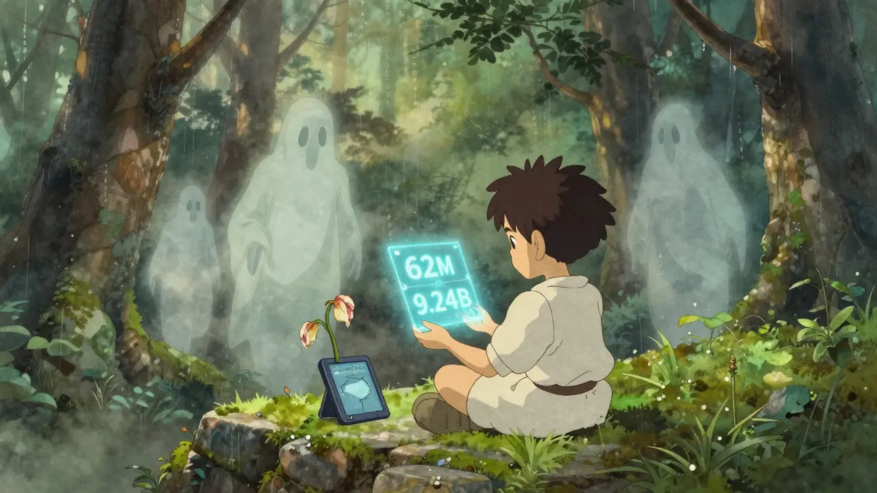 A child sits on a mossy platform holding a flickering hologram with conflicting supply numbers, while ghostly figures walk away into a misty forest.