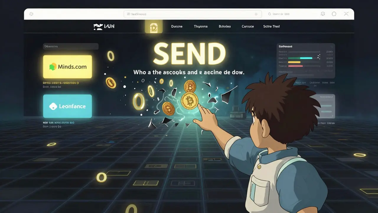 A child touching a deceptive crypto banner as it dissolves into zeros, while real platforms glow nearby.