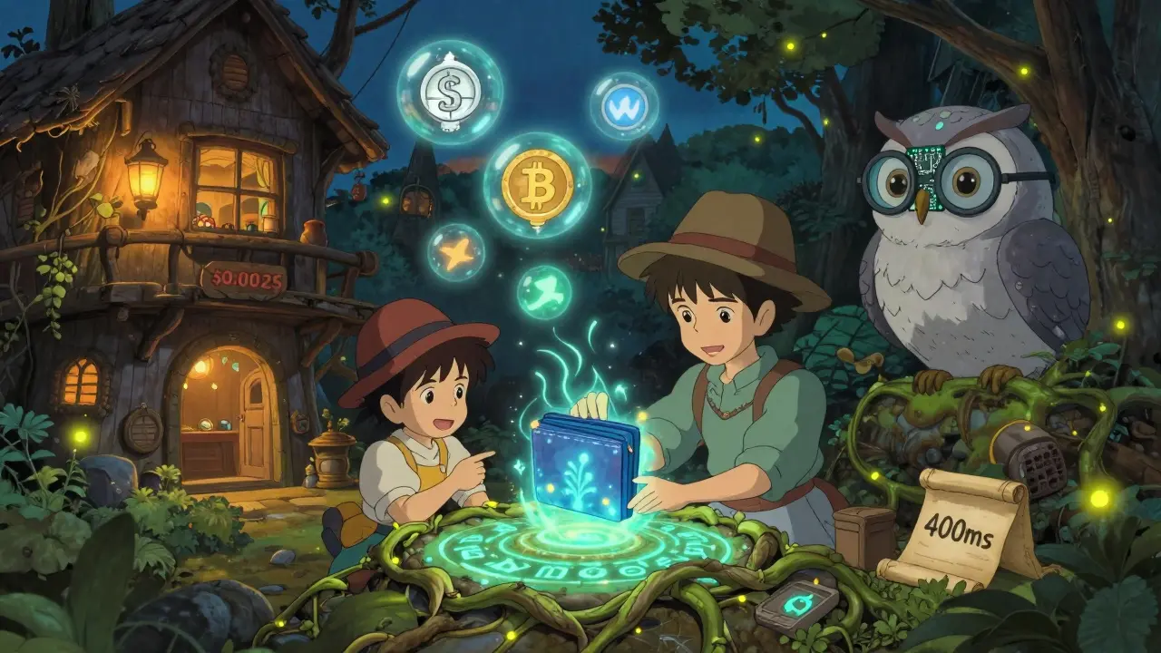 A cozy treehouse wallet outpost with floating wrapped tokens transforming gently, guided by a wise owl guardian.