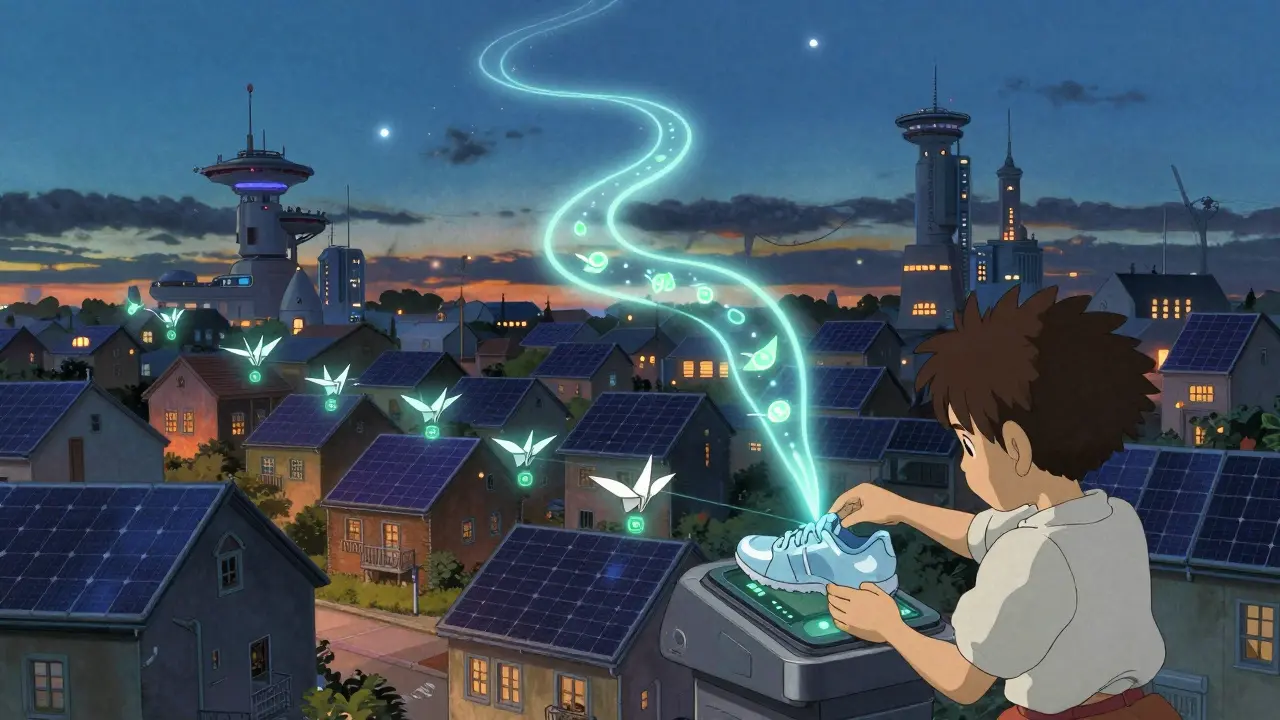 A European neighborhood where neighbors exchange solar energy via glowing paper cranes and blockchain passports.