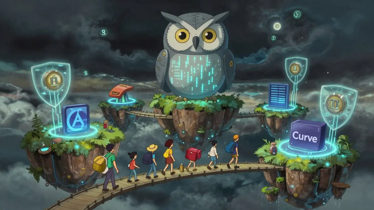 A family crosses a light bridge between floating DEX islands, watched over by a mechanical owl monitoring price data.