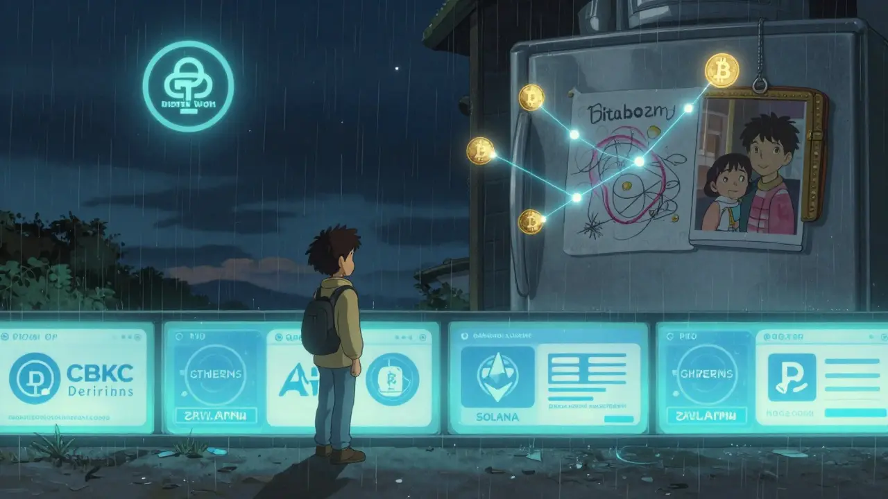 A foreigner stands before a glowing wall of bank IDs, gazing at unreachable cryptocurrencies under a fading Digital Won sky.