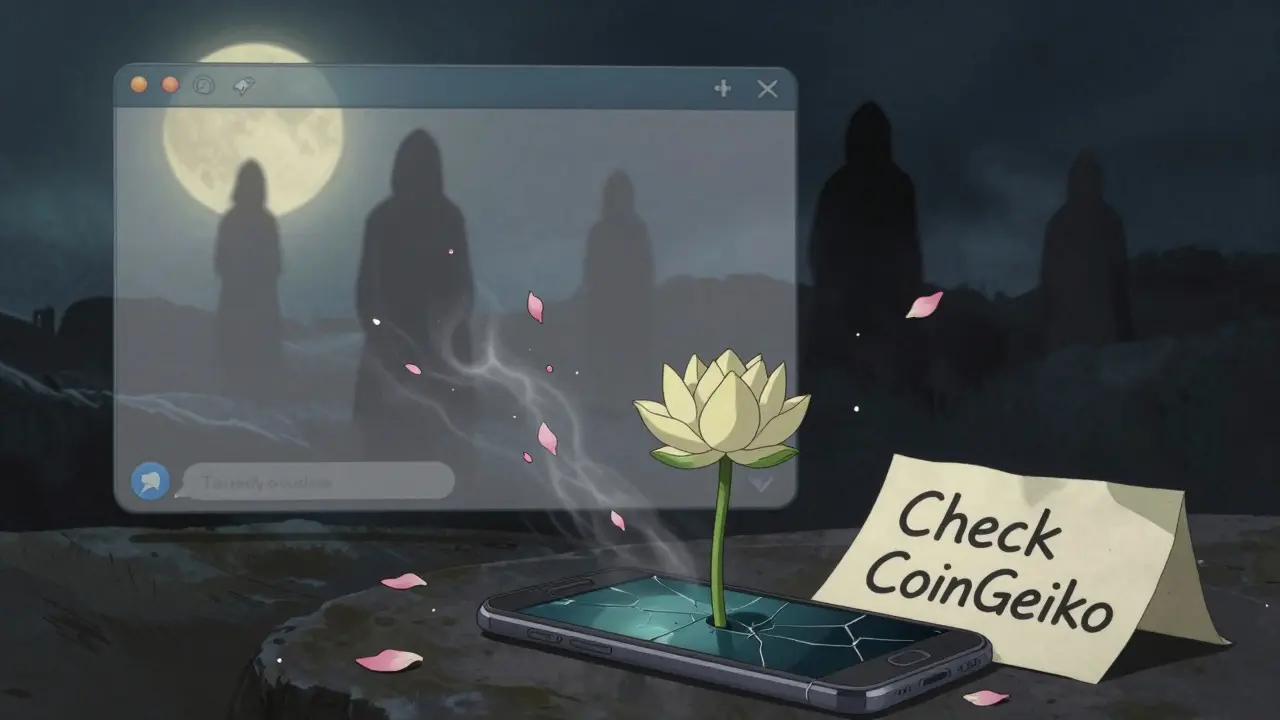 A forgotten Telegram chat dissolving into ash while a lotus grows from a cracked phone screen with a warning note.
