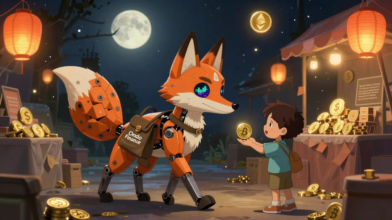 A mechanical fox with blockchain tail drops a BABAon token into a child's hand amid floating fractional stock lanterns.