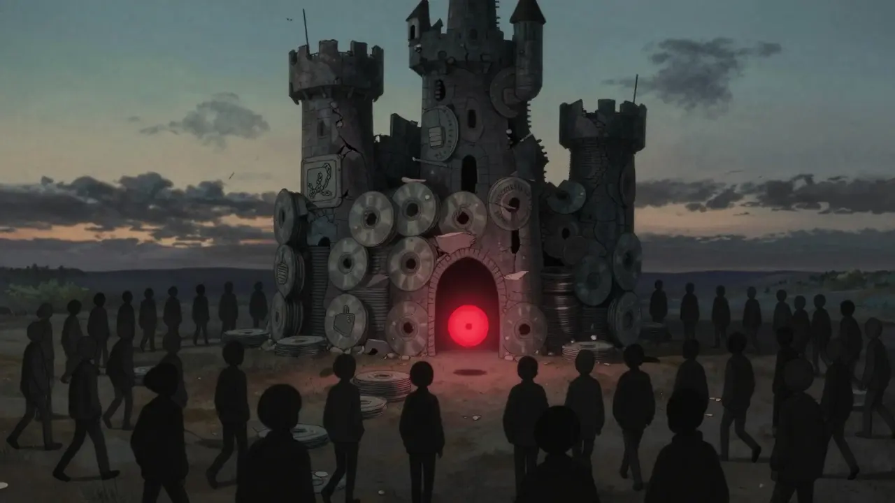 A silent crowd circling a castle made of POG discs under a twilight sky, with one glowing red disc at the center.