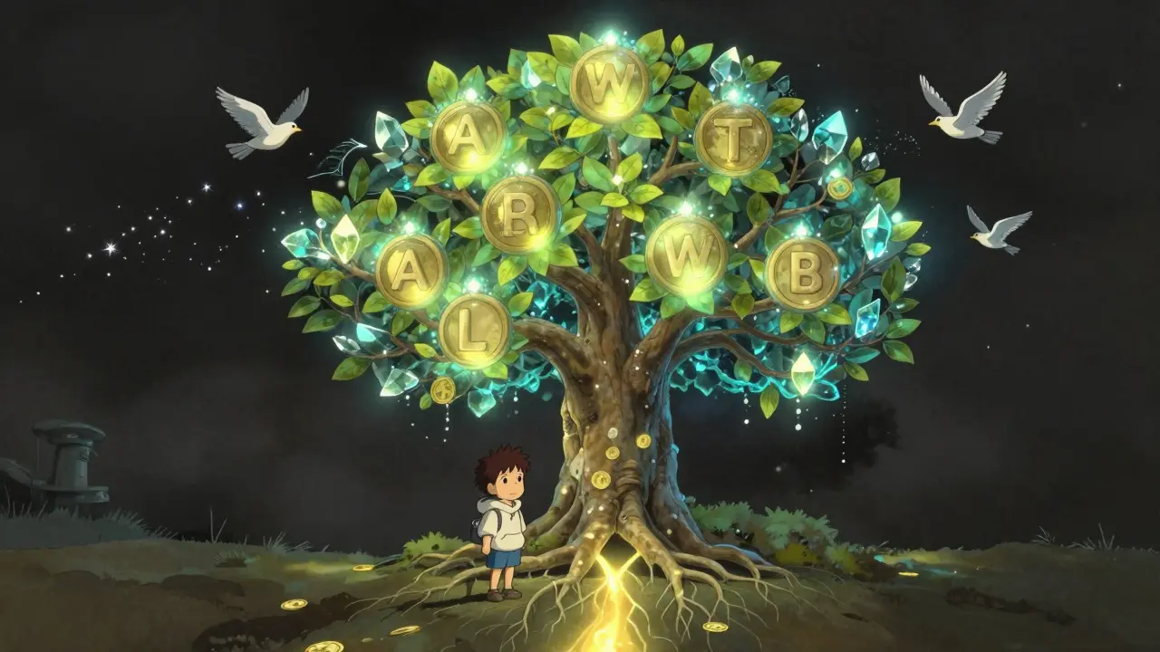 A trader before a crystalline liquidity vault with glowing ALB and WETH leaves, surrounded by data-stream birds.