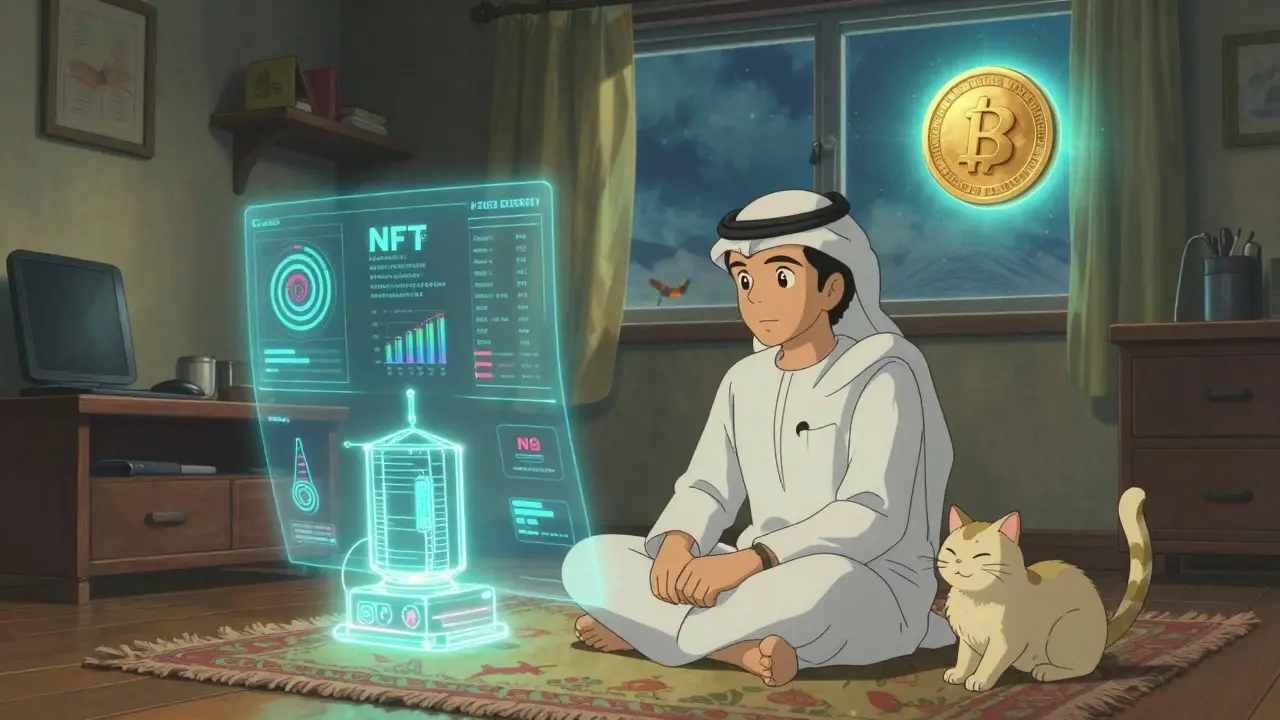 A trader relaxes in a cozy apartment surrounded by floating holograms of crypto assets, with a Digital Dirham coin glowing softly in the window.