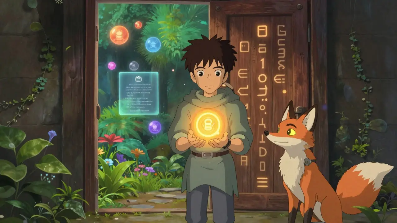 A traveler holding a glowing TrillioHeirs NFT before a digital door opening to a serene metaverse garden with a watchful robotic fox.