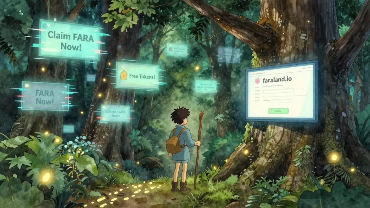 A traveler turns away from fake airdrop screens toward a real website embedded in a tree, surrounded by glitching digital fireflies.