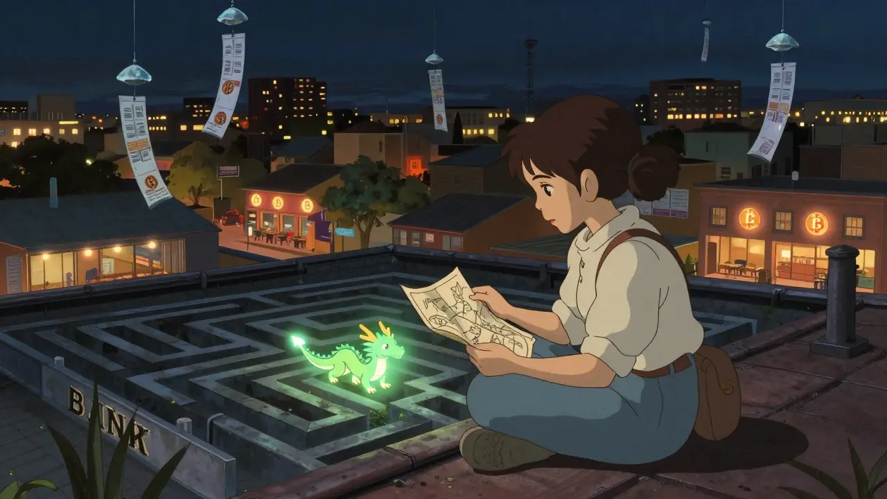 A young woman guides a glowing crypto dragon through a maze of bank branches on a rooftop at night, with hidden Bitcoin signs in nearby businesses.