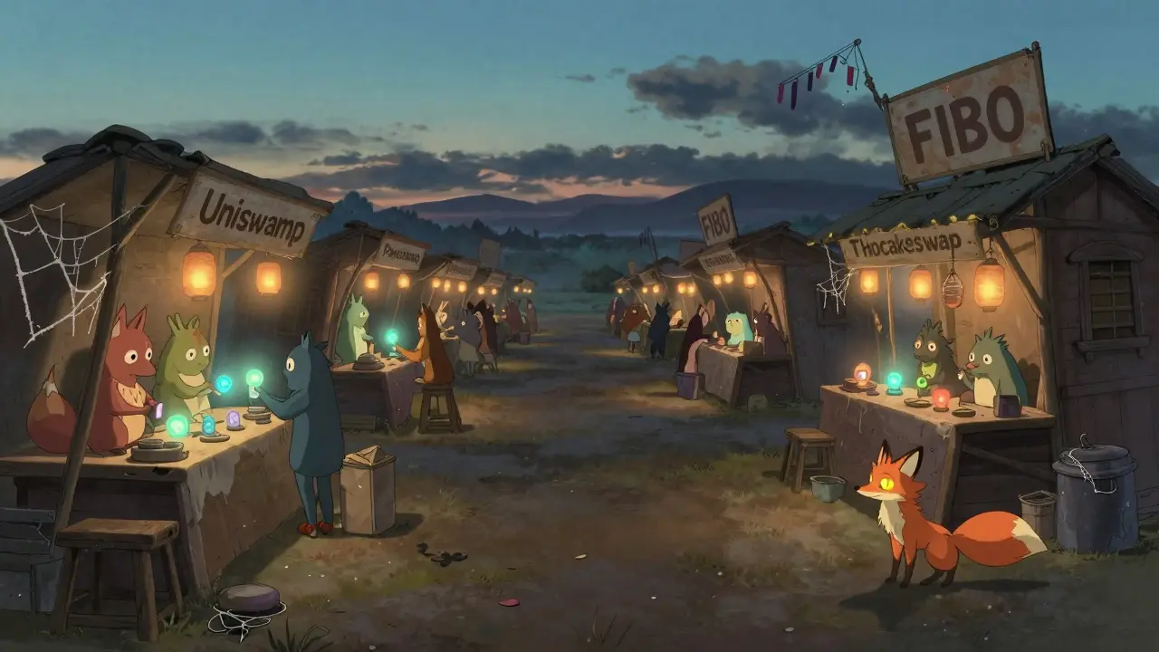 An abandoned FIBO stall in a vast digital marketplace, overshadowed by thriving exchanges, as a curious fox glances at it under twilight.