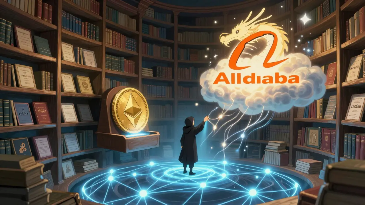 An ancient floating library of assets connects to an Ethereum network as a BABAon token activates Alibaba's celestial dragon logo.