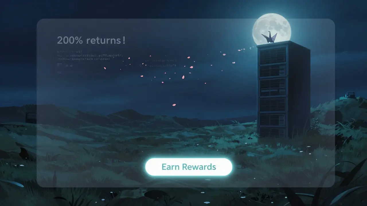 An empty social platform interface with fading reward messages and a code origami crane.