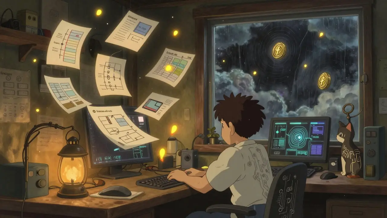 An engineer in a cozy workshop watches floating perpetual options diagrams as a cat with circuit fur observes.
