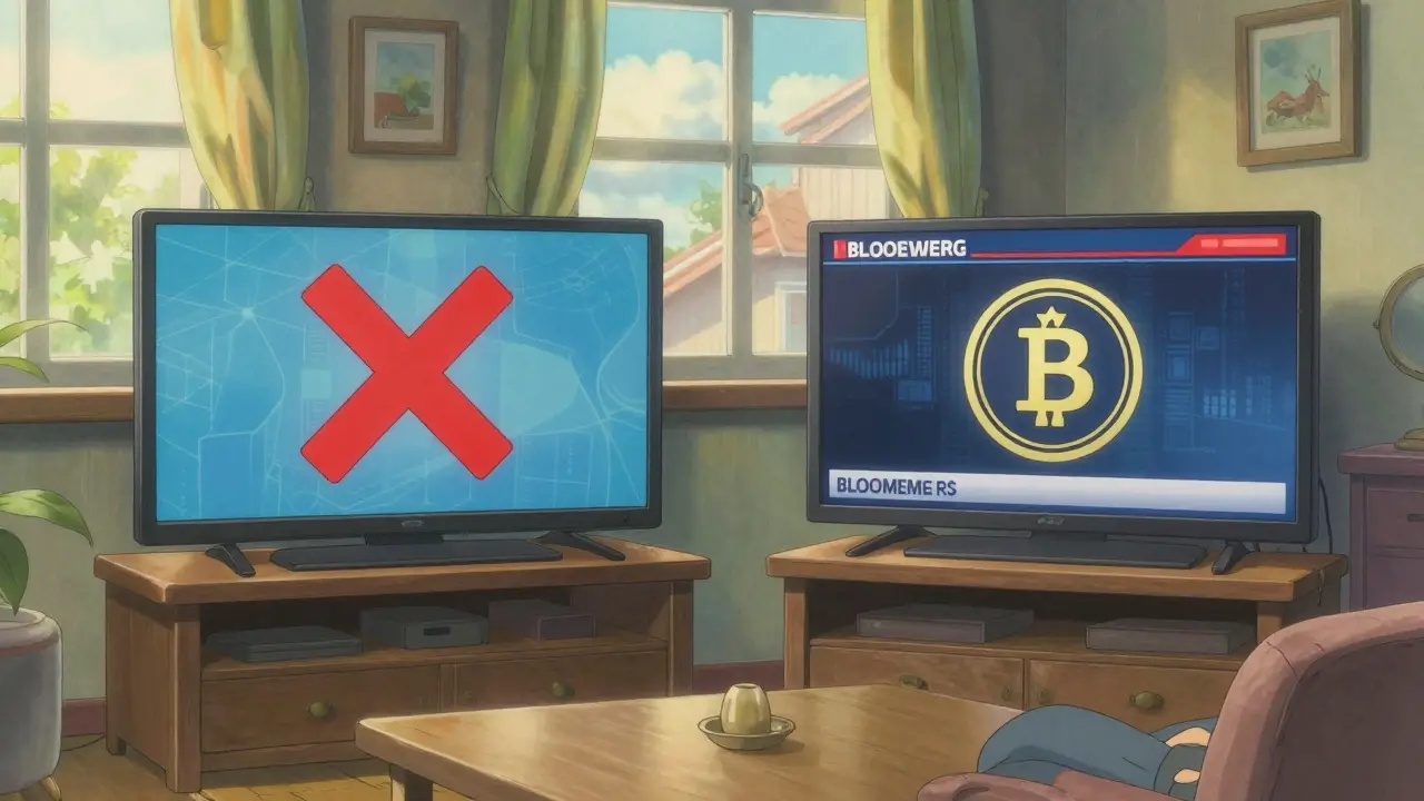 Blocked crypto ad on mainstream TV screen next to permitted ad on Bloomberg-style channel