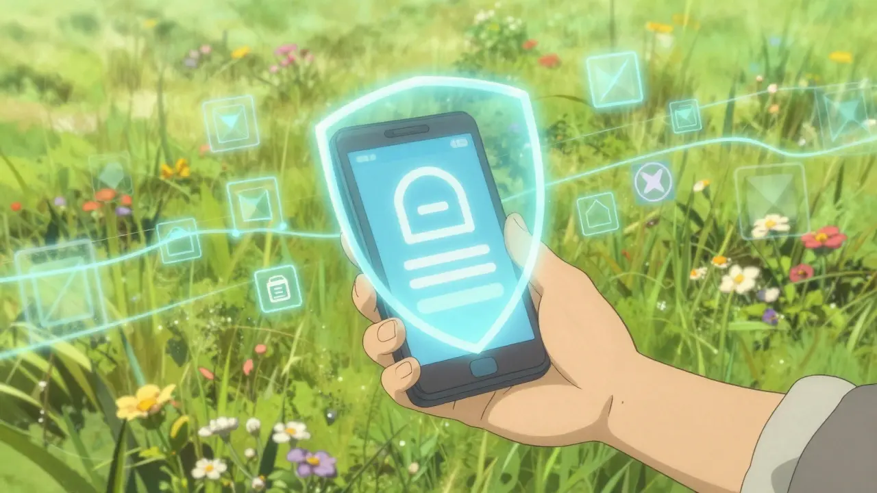 Character in meadow using device to project secure data shield with zero-knowledge proof