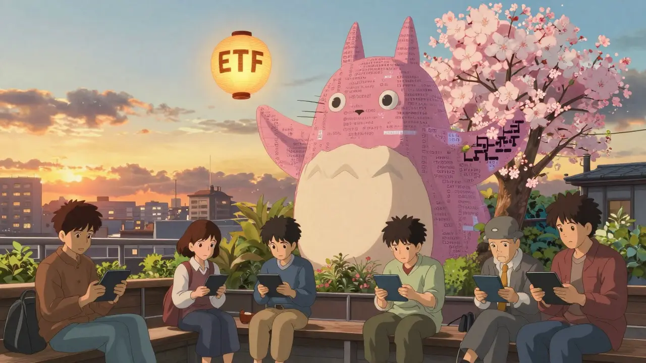 Citizens on a Tokyo rooftop under a glowing code spirit as an ETF lantern rises into the sunset in Studio Ghibli style.